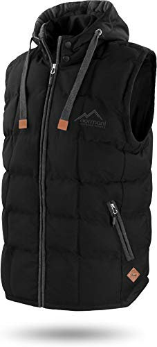 normani OUTDOOR SPORTS Wattierte Steppweste Bodywarmer - 100% Winddichte Outdoor Weste mit Lederpatch, Kapuze und Stehkragen Farbe Dunkelschwarz Größe XXL/56