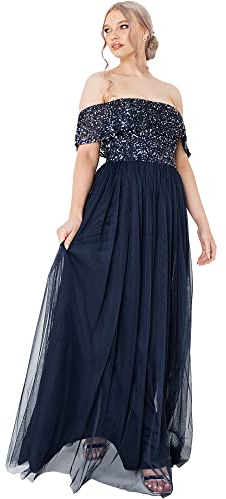 Maya Deluxe Women's Ladies Bardot Women Maxi Embellished Hight Empire Waist Sleveless Tulle for Wedding Guest Prom Bridesmaid Dress, Navy, 48