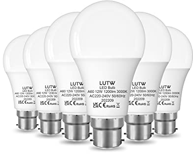 LUTW Bombilla LED A60 de 12 W (equivalente a una bombilla incandescente de 100 W), bombilla LED B22, luz blanca cálida de 3000 K, casquillo de bayoneta de 1200 lm, para iluminación del hogar