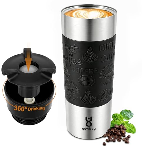 Yawbay Travel Coffee Mug with 360°Lid, Travel Coffee Tumbler 16 oz Leak Proof, Stainless Steel Insulated Travel Mugs for Hot and Cold Spill Proof Leak Proof(Black)
