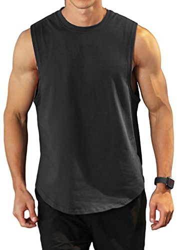 Men's Workout Bodybuilding Tank Tops Athletic Training Gym Shirts Vest Cotton Cut Off Sleeveless Muscle T-Shirt Black XL