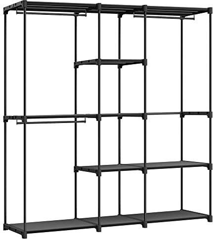 SONGMICS Kleiderschrank, Kleiderständer, freistehende Garderobe, mit Kleiderstangen, Garderobenständer, Stoffablagen, Metallrahmen, 182 x 43 x 182 cm, tintenschwarz RYG037B02