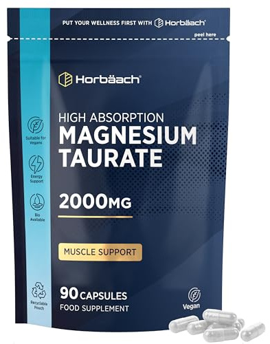 Magnesium Taurate Supplement 2000mg | High Strength Balanced Formula for Absorption & Bioavailability | 90 Vegan Capsules | for Men & Women | Horbaach