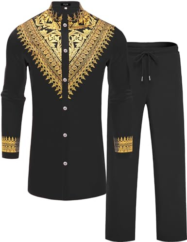 ZSJR Mens African 2 Piece Set Metallic Traditional Suit Gold Stamp Printed African Dashiki Shirt and Pants Outfit