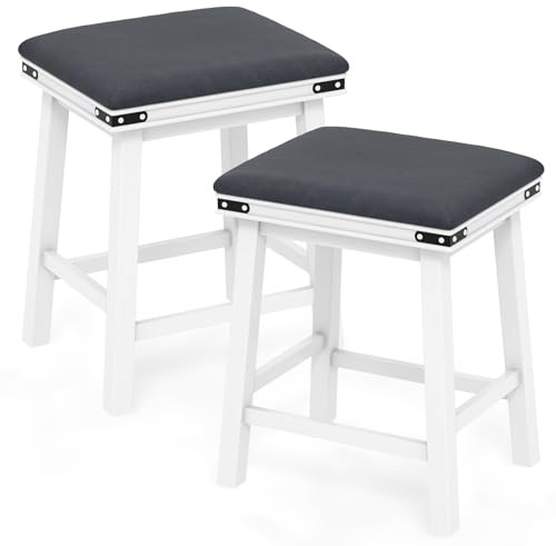 COSTWAY Bar Stools Set of 2, Upholstered Saddle Stools with PU Cushion Surface, Footrest & Anti-slip Pads, Solid Wood Counter Height Breakfast Kitchen Stool for Home Dining Room (White, 47x37x62cm)