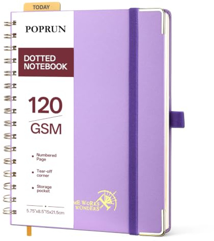 POPRUN Spiral Bullet prickad journal anteckningsbok, [A5-storlek] - 120 Gsm tjockt papper, 141 numrerade sidor, trådbundet anteckningsblock för män och kvinnor med ficka, indexflikar, 8 perforerade