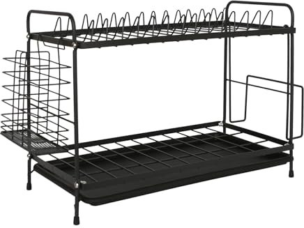 Harbour Housewares Metal 2-Tier Dish Drainer Rack with Drip Tray - Black - 1x Kitchen Sink Drying Draining Washing Up Plate Dishes Storage Board with Cutlery Utensil Holder
