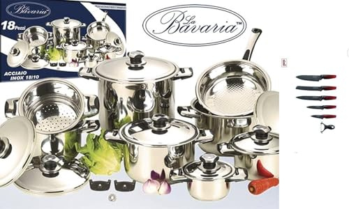 Corredocasa Batteria di Pentole Bavaria 18 Pezzi in Acciaio Inox 18/10, Set Completo di Pentole Professionali per Cucina +Coltelli 6 Pezzi Nero Ideale per Ogni Tipo di Preparazione da Chef