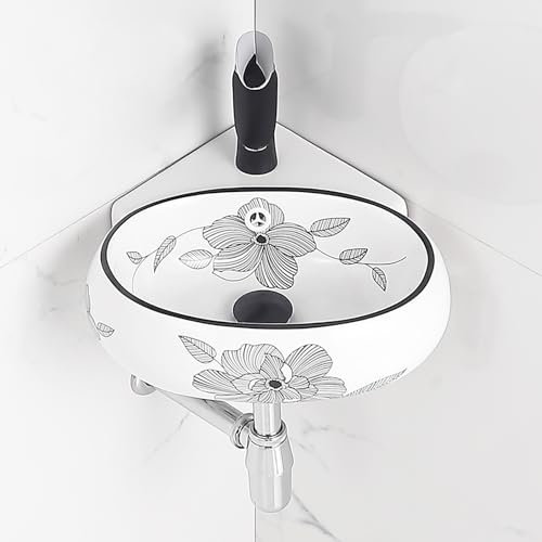 Lavandini Ad Angolo Per Bagno,Lavabo In Ceramica,Lavabo A Parete,Lavello In Ceramica Ad Angolo Con Foro,Lavabo Ad Angolo Su Piedistallo,Montaggio A Parete Ovale,Design Salvaspazio(Black flowers,W36cm/