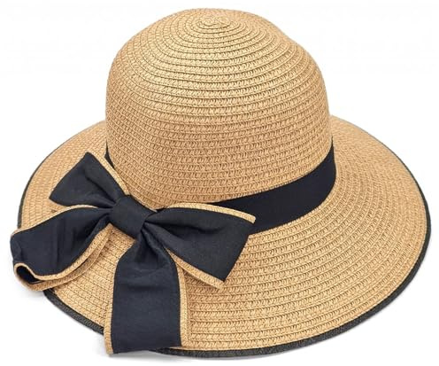 Girls Bowknot Fedora Straw Hat Wide Brim Summer Beach Cap Foldable Floppy Sun Visor Panama Bucket Hat for 5-10Y Kids Khaki