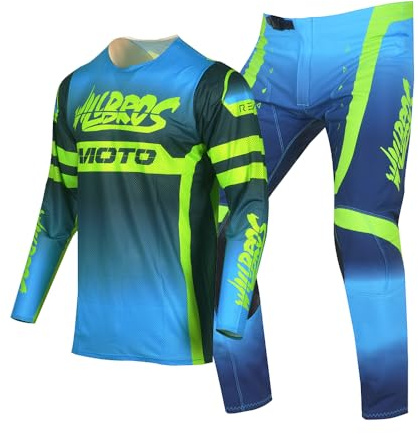 Willbros Giovani Completo Maglia e Pantaloni da Motocross e Enduro MX MTB Moto Fuoristrada Corse Bambini Ragazzo Blu Verde YXXL