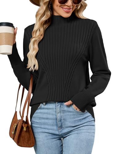 Famulily Black Mock Neck Pullover Sweaters for Women UK, Ladies Casual Rib Knitted Slim Winter Jumpers (M, Black)