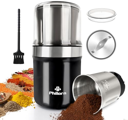 Philorn Coffee Grinders Electric, Spice Grinder with Detachable Cup, Coffee Bean Grinder with 304 Stainless Steel Blades, 200W/120g Grinding Capacity, Fast Grinding for Pepper, Grain, Nuts