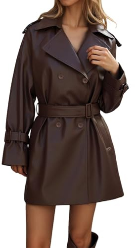Generisch Giacca in pelle da donna lunga trench doppio petto giacca invernale elegante cappotto in pelle con colletto rovesciato, giacca antivento, effetto pelle PU, giacca a vento con cintura