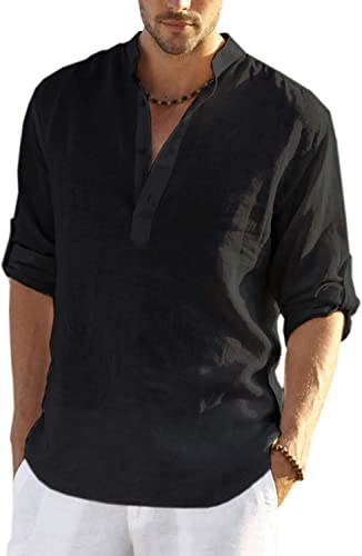 COOFANDY skjorta herr långärmad linneskjorta bomull Henley-skjorta casual normal passform sommarskjorta