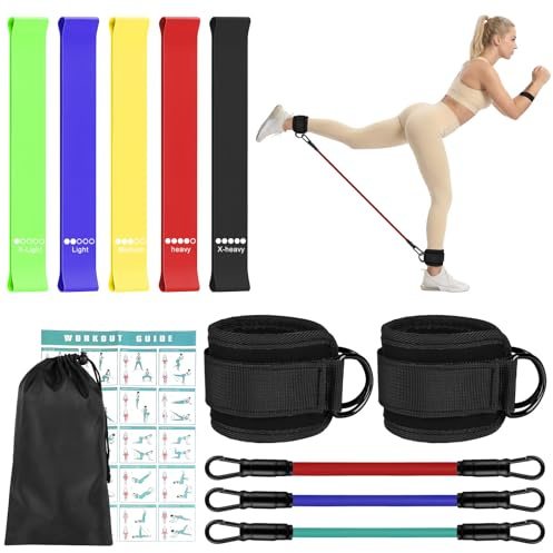 HOTUT 2PCS Tobillera para Polea con Doble Anilla En D Correa para Tonificar Músculos,5Pcs Bandas Elasticas Fitness,Equipo De Entrenamiento De Glúteos con Bolsa Almacenamiento para Hombres y Mujeres