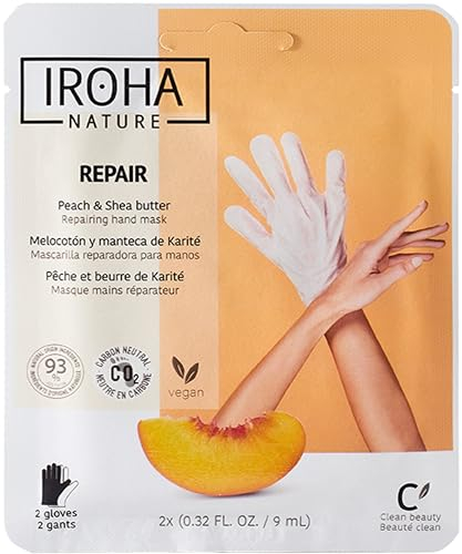 Iroha Nature - Guanti Maschera Riparatori | Pesca e Burro di Karité | Idratazione e Riparazione per Mani Danneggiate e Screpolate | Vegano e 93% Ingredienti Naturali | Sachet 20ml 2 Uds