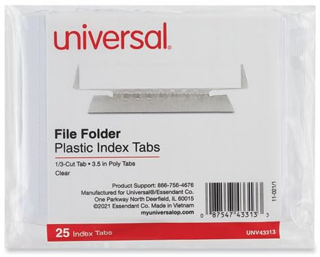 5 X Universal Hanging File Folder Plastic Index Tabs, 1/3 Tab, 3 1/2 in, Clear, 25/Pack, PK - UNV43313