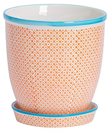 Nicola Spring Patterned Plant Pot with Saucer - Orange - 20.5cm Porcelain Indoor Ceramic Planter with Drainage Holes Outdoor Garden Flower Pots for House & Garden Flowers