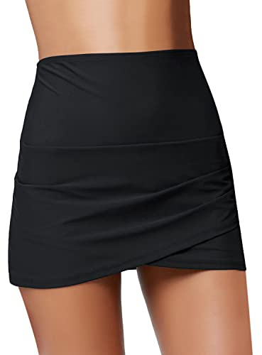 GRAPENT Women's High Waist Tulip Hem Shirring Swim Skirt Swimsuit Bikini Bottom Black Size L