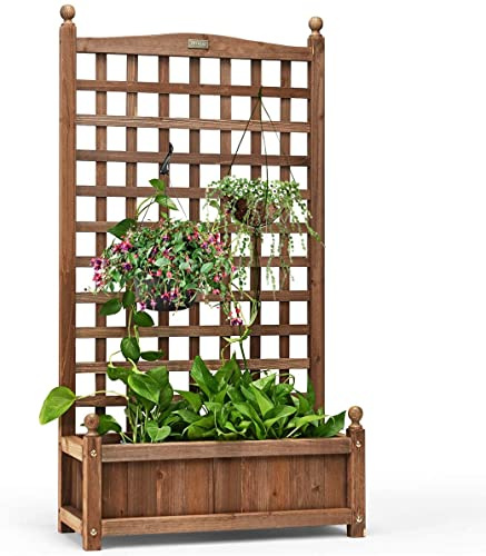 GRAFFY Wood Planter Raised Bed with Trellis, Outdoor Raised Garden Bed, Planter Box for Climbing Plants w/Drainage Holes, Free-Standing Raised Planter for Patio Garden Yard
