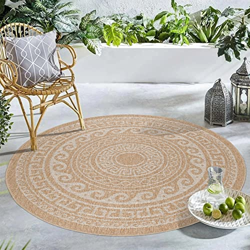 Carpetsale24 Runder In & Outdoor Teppich Wetterfest Sisal Optik Beige 160 cm Rund - Waschbarer Küchenteppich Wasserfest Flachgewebe Natur Optik Vintage Design Teppiche für Balkon Terrasse Wohnzimmer