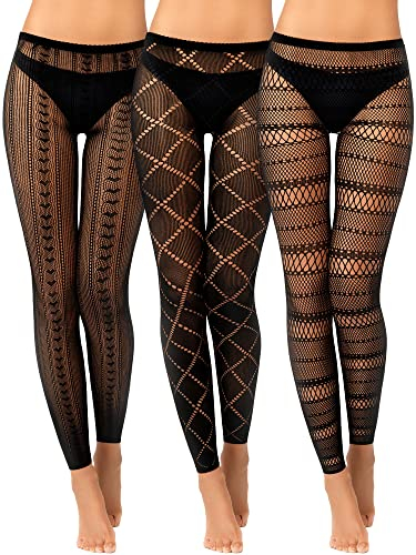 Jadive 3 Stück Damen Netzstrumpfhosen Schwarz Strumpfhose mit Hoher Taille Fußlose Gotisch Netzstrümpfe (Geometrischer Stil)