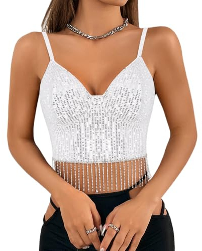 Naimo - Top crop para mujer con lentejuelas brillantes, sin mangas, con escote en V, estilo tank, chaleco, blusa, para fiesta y rave, L
