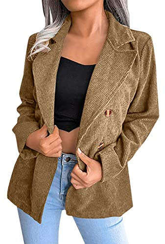 L9WEI Blazer para mujer, chaqueta de pana elegante con solapa, cárdigan frontal abierto, manga larga, chaqueta informal para otoño, ropa de exterior, caqui, XXL
