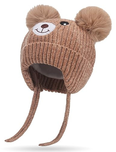 Atsmoce® Bonnets d'hiver pour Enfant Bonnet Tricoté avec Doublée en Polaire Bonnet Chaud pour Enfant avec Oreillettes et Attaches Convient aux Tout-Petits de 2 Ans à 6 Ans (Kaki)