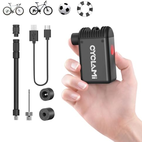 CYCLAMI Tiny Cube Fahrradpumpe, 100 PSI Tragbare Mini Elektrische Fahrradpumpe, Wiederaufladbar Typ C, 350 mAh Fahrrad-Minipumpen für alle Fahrräder (A2)