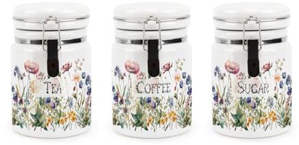 Purely Home Wildflowers Tea Coffee & Sugar Ceramic Storage Canisters - Floral Meadow Ceramic Kitchen Food Storage Containers with Clip Lid 400ml (13.5cm x 8.5cm) - Set of 3