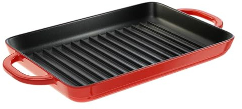 Lodge 12.5 x 8 Inch Enamel Cast Iron Grill Pan - Dual Assist Handles - Use in the Oven, on the Stove, on the Grill, or Over a Campfire - Red