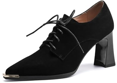TinaCus Women's Pointed Toe Suede Leather Handmade Selftie & Zipper High Spool Heels Pumps Shoes(Black, US7.5)