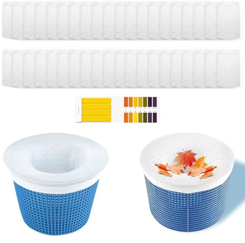 ZOCONE 40 Pezzi Calzini Skimmer Piscina, con Carta Prova PH, Calze per Skimmer Piscina Riutilizzabili Calze Filtranti per Piscina Rete per Skimmer per Filtrare Foglie/Capelli/Schiuma/Rifiuti (Bianco)
