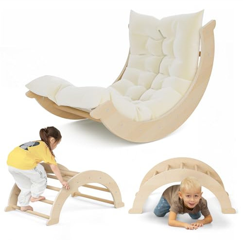 nmoiww Struttura da Arrampicata per Bambini 3 in 1, Scala da Arrampicata in Legno per Bambini con Cuscino Accogliente, Palestra da Gioco Montessori per Interni (Colore Naturale)