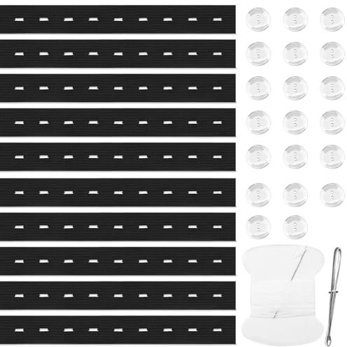 10 Stück schwarzer elastischer Hosenbund, Jeans-Taillenspanner-Werkzeug, Hosenbundversteller, Hosenbundverlängerung, Hosenknopfspanner mit 20 Knöpfen, 1 Nähset und 1 Garnhaken