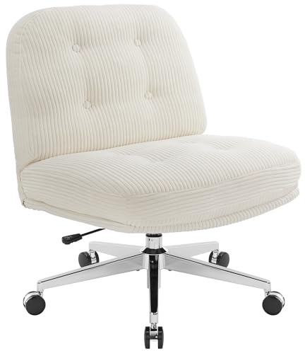 IWMH Bürostuhl ohne Armlehne, Sessel Wohnzimmer mit gekreuzten Beinen, Ergonomischer Drehstuhl mit Extra Stoff großes Kissen, Schreibtischstuhl für Heimbüro,Vanity,Schlafzimmer (Weiß mit Rollen)