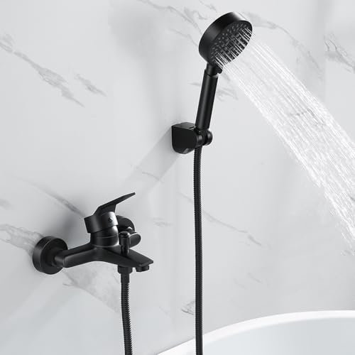 Auralum Grifo de bañera negro con alcachofa de mano, 5 funciones y manguera negra de acero inoxidable de 1,5 m, grifo de bañera con ducha para baño