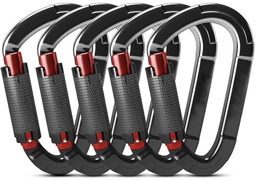 TINMAGI Karabiner Klettern, 5 Stück Karabinerhaken Schraubkarabiner, 25KN Auto Locking Kletterkarabiner Clips Kletterausrüstung, für Hängematten, Abseilen, Schaukel, Camping, Hundeleine