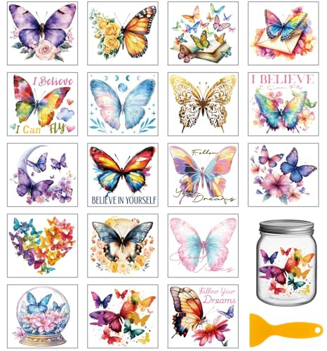 GLOBLELAND 18 Sheets Butterfly Rub on Transfer 3.9x3.6inch Colorful Moon Flowers Vase Home Decals Text Cup Transfer Stickers for Furniture Vase Glass Art Crafts Decorations