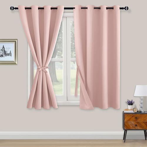 XWZO Blackout Curtains Shades Window Curtain Panels with Tiebacks- Noise Reduction and Thermal Insulated Eyelet Curtains for Bedroom,Living Room,Office,Study Room Pink W52xL54