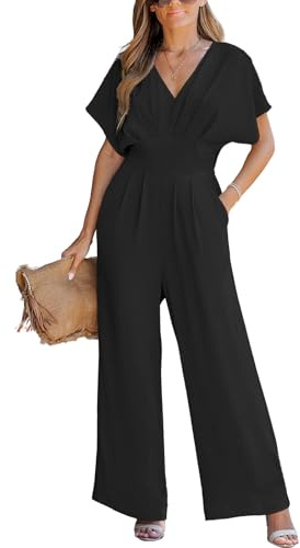 CUPSHE Combinaison Femme Chic Col V Jambes Larges avec Poches Jumpsuit Manches Chauve Souris Fluide Combinaison Pantalon Élégante pour Travail Bureau Soirée Mariage