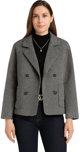 Lazutom Cappotto corto da donna in lana pied de poule doppiopetto giacca corta con tasche cappotto invernale da pisello