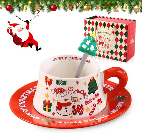 Shyllin Tazza da Caffè di Natale,290ml,Mug in Porcellana,Può Essere Caldo o Freddo,Tazze Natalizie,Viene Fornito con una Cucchiaio e un Piattino,Adatto come Regalo,Merry Christmas (Pupazzo di neve)