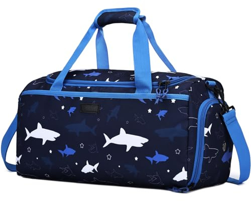 VASCHY Sac de Sport Enfant, Sac de Voyage Léger Résistant à l'eau Sac Personnalisable pour Gymnastique Danse Piscine avec Compartiment à Chaussures et Poche Séparée Sèche et Humide, Requins Bleus