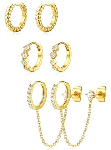 ZELORES 3 Pairs 14K Gold Plated Stud Hoop Earring Stacks for Women Trendy Chain Dangle Hoop Earrings Set Helix Cartilage Huggie Earrings for Multiple Piercing(14K Gold Plated-Hoop Dangle)