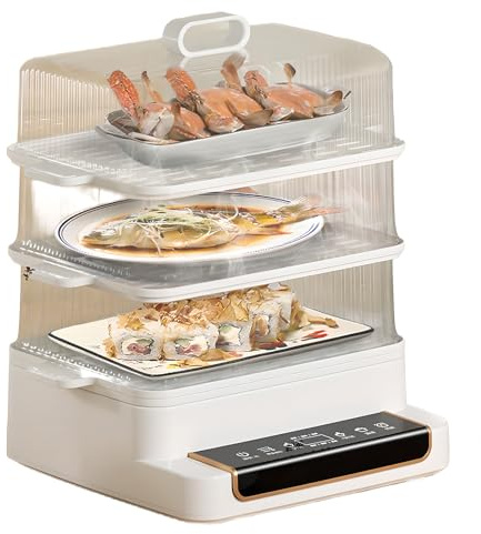 Vaporera eléctrica para alimentos, generación rápida de vapor de 800 W, vaporera de verduras de tamaño familiar de acero inoxidable con temporizador, tapa transparente, fácil de limpiar para el hogar