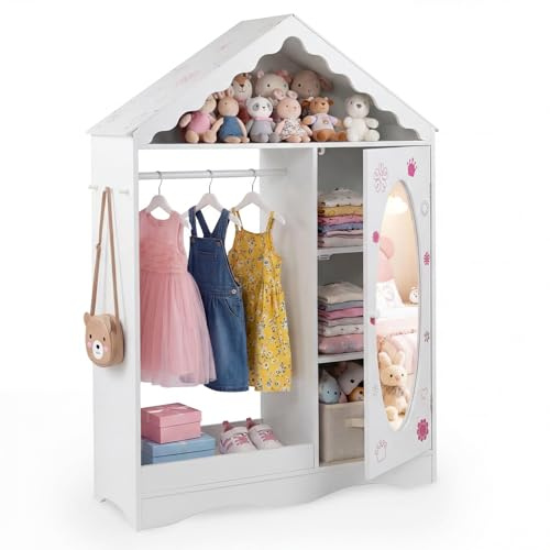 COSTWAY Armario Infantil con Espejo, Armario de Ropa con Tejado, Barra Abierta para Colgar, Estantes y Ganchos, Organizador para Dormitorio, Habitación Infantil, Sala de Juegos (Blanco)