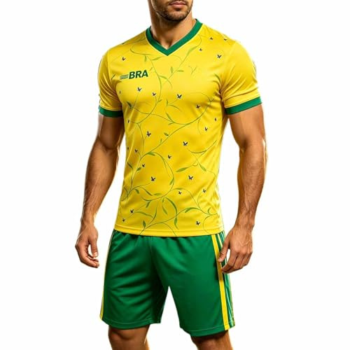 Generisch Ensemble maillot de football du Brésil 2026 - Pour homme et enfant - Maillot de sport - Col en V - T-shirt et short - Jaune et vert - Respirant